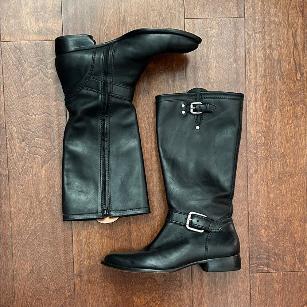 Corso Como Black Leather Moto Boots with Buckle Details, Size 8